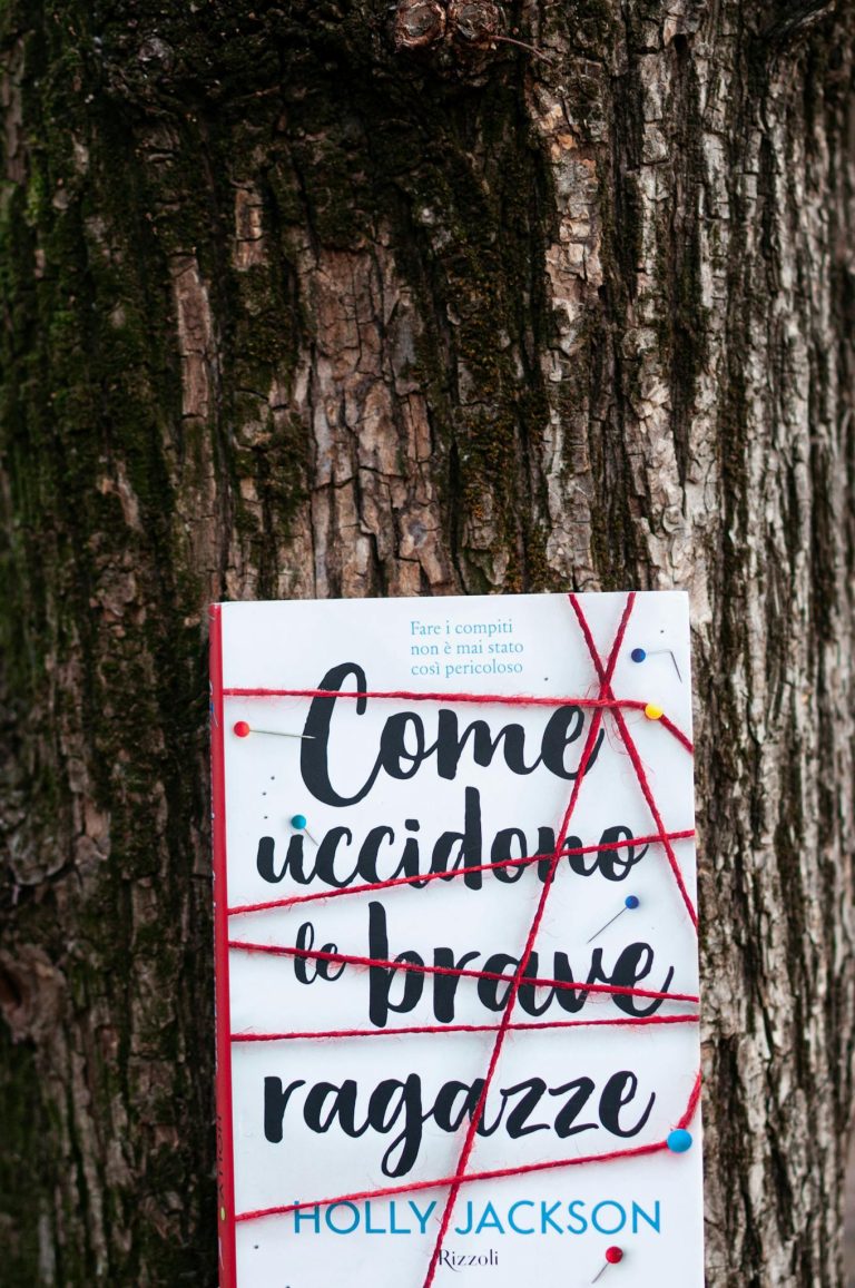 A book wrapped in red string pinned against a tree trunk, evoking mystery and intrigue.