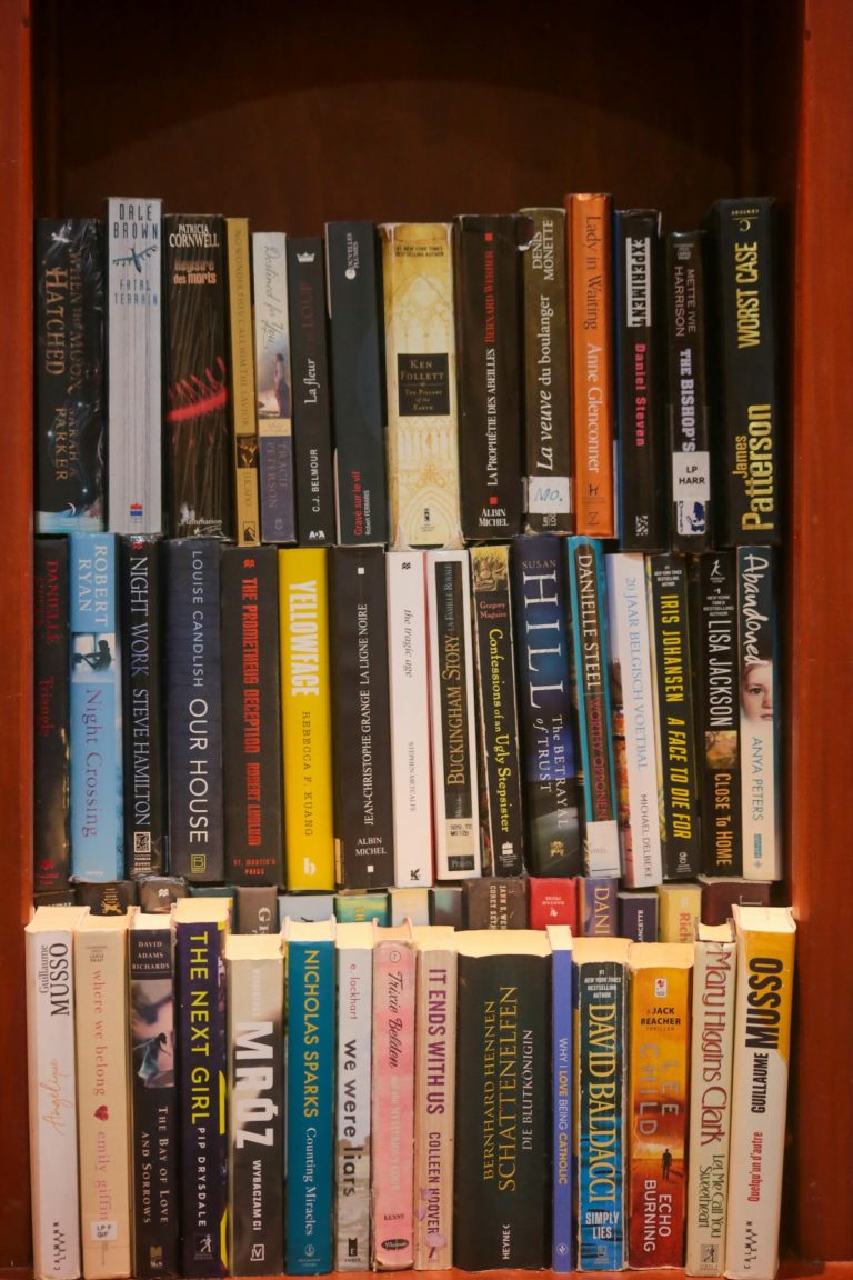 A bookshelf filled with various book titles showcasing diverse genres and authors.